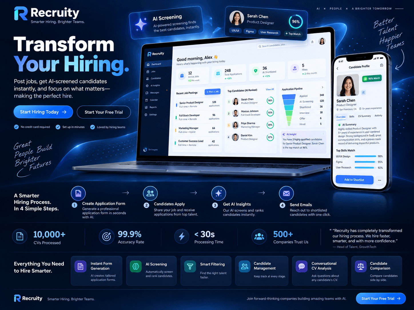 Recruity product presentation and application interfaces